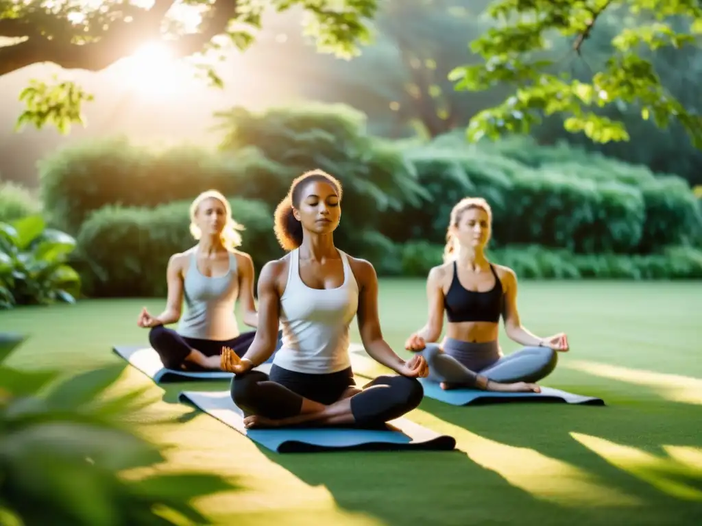 Un grupo diverso de personas practicando yoga al aire libre en un entorno exuberante y sereno, bajo la cálida luz dorada del sol