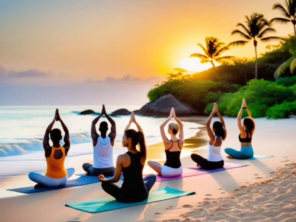 Un grupo diverso practica yoga al amanecer en una playa, con el mar y palmeras de fondo