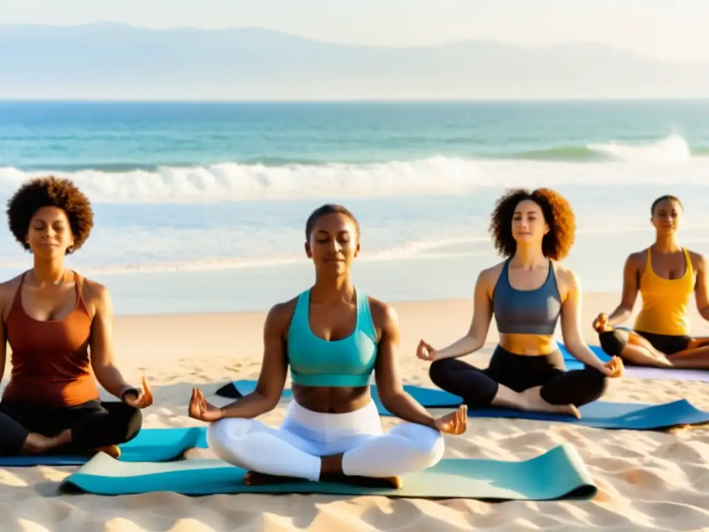 Grupo diverso practica yoga en una playa soleada, conectando cuerpo y naturaleza