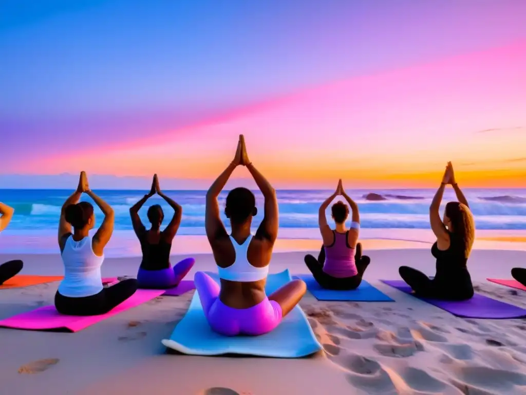 Grupo diverso practica yoga al amanecer en la playa, transmitiendo vitalidad, calma y belleza humana en movimiento