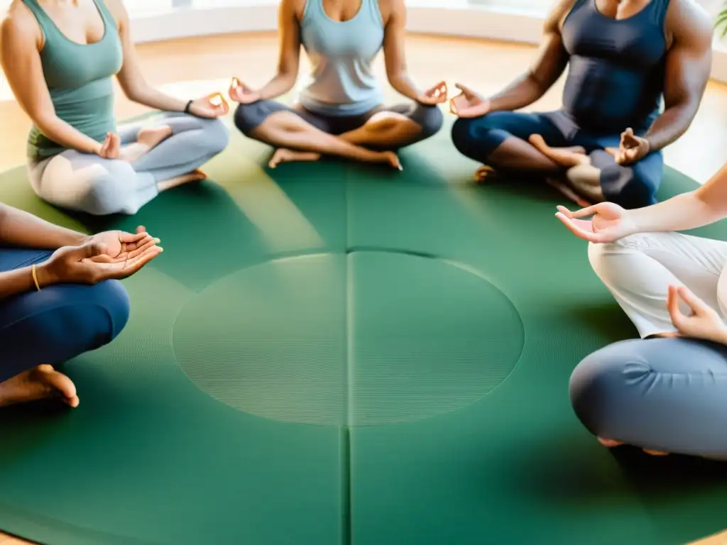 Un grupo diverso de profesionales de la salud medita en círculo en yoga mats, con expresiones serenas