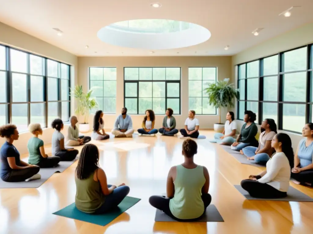 Grupo diverso disfruta de respiración consciente en aula moderna con ambiente tranquilo y sereno