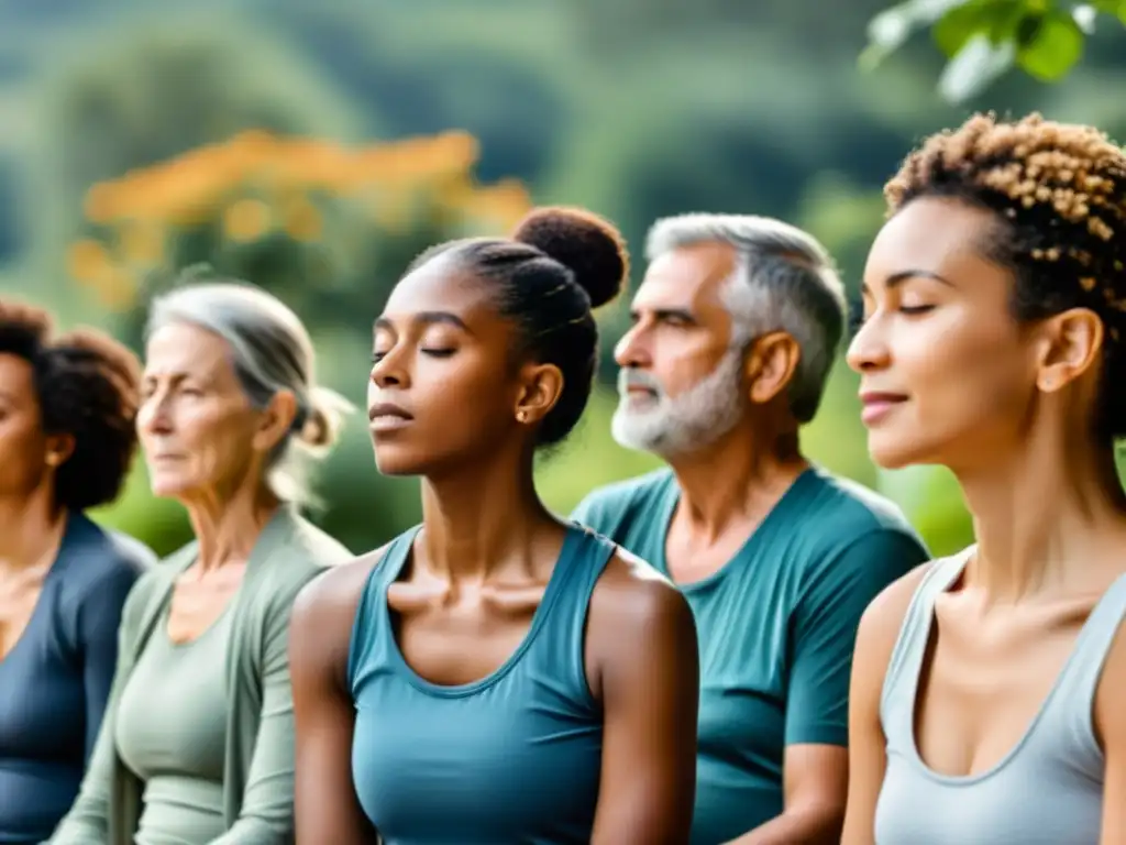 Grupo diverso practicando respiración consciente en entorno natural