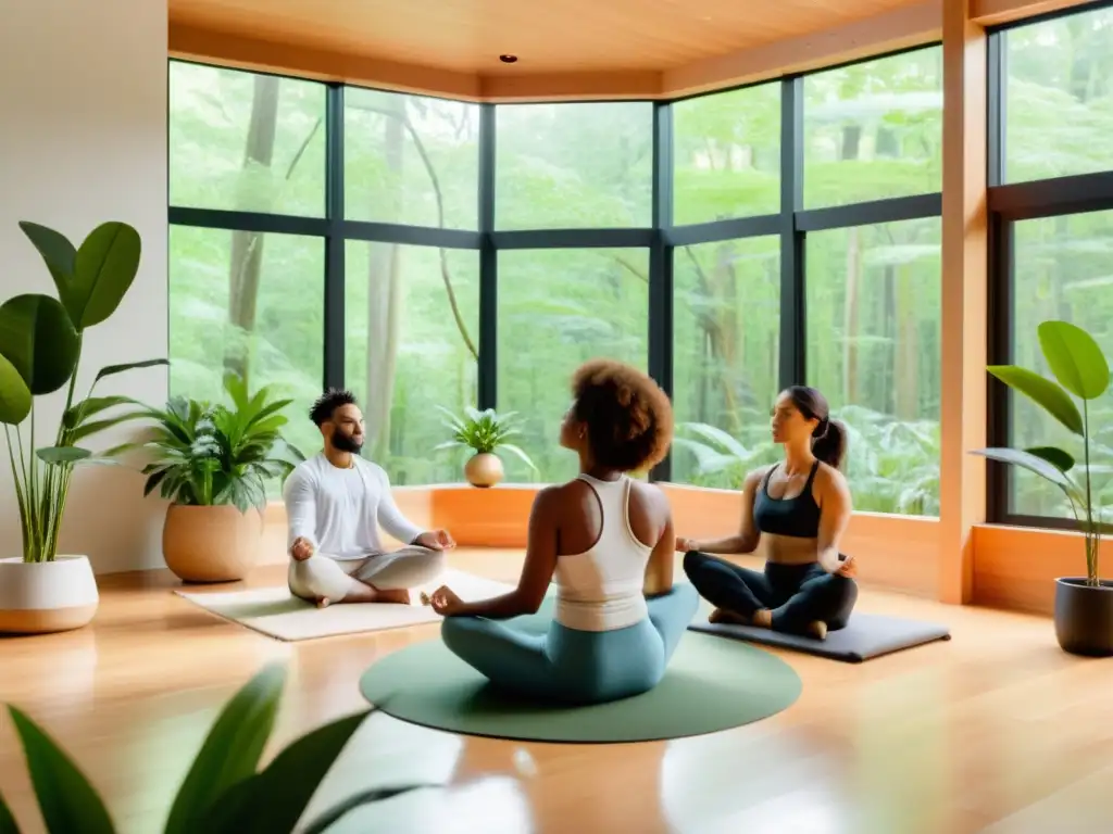 Grupo diverso practicando respiración consciente en un estudio moderno con vistas al bosque