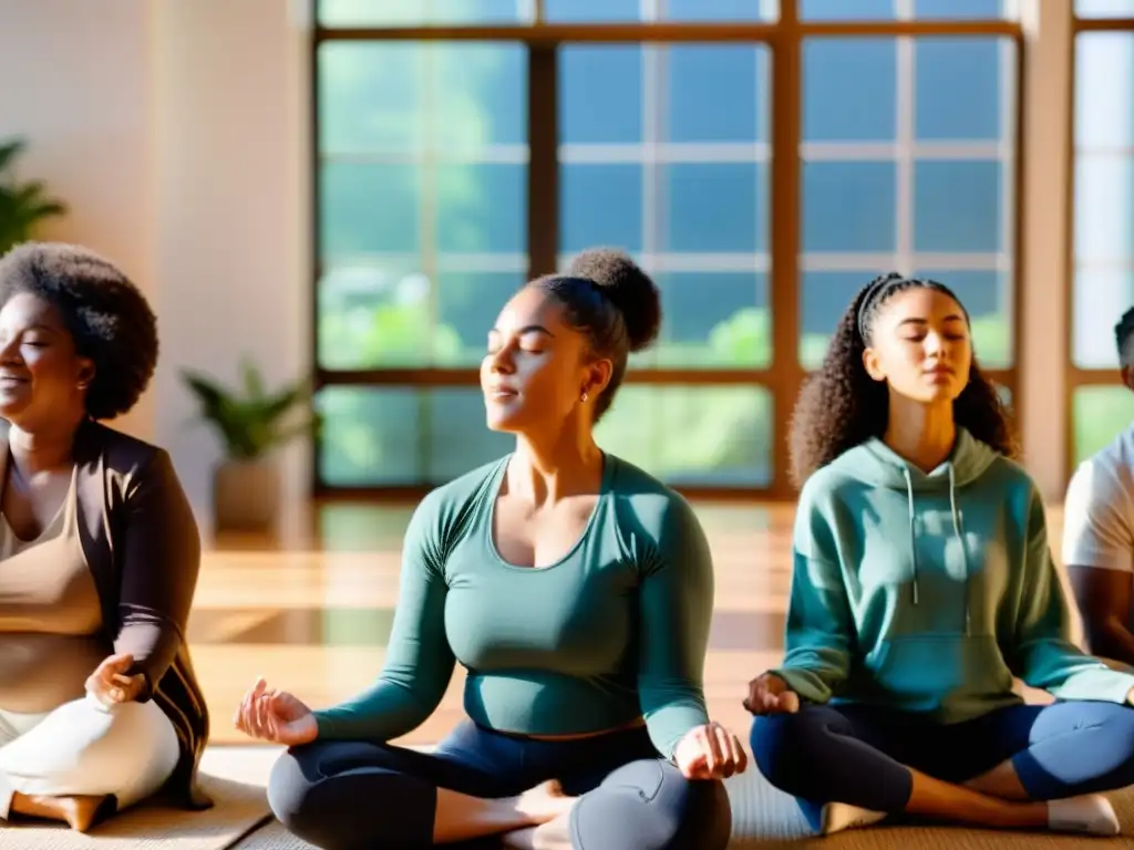 Un grupo diverso practica la respiración consciente en un estudio soleado mientras escuchan un podcast