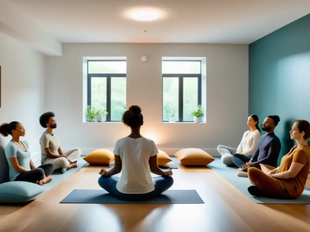 Grupo diverso practicando respiración consciente en terapia, en una sala moderna con luz natural y ambiente sereno