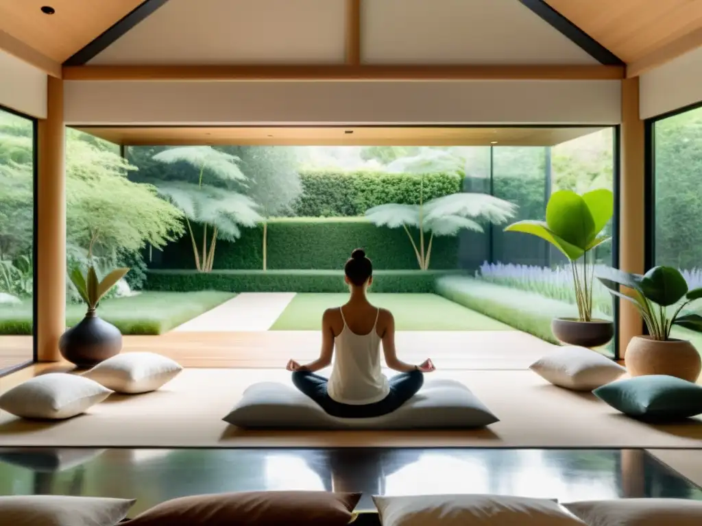 Grupo diverso meditando en sala moderna con vista a jardín, invitando a curso de meditación y respiración para paz interior