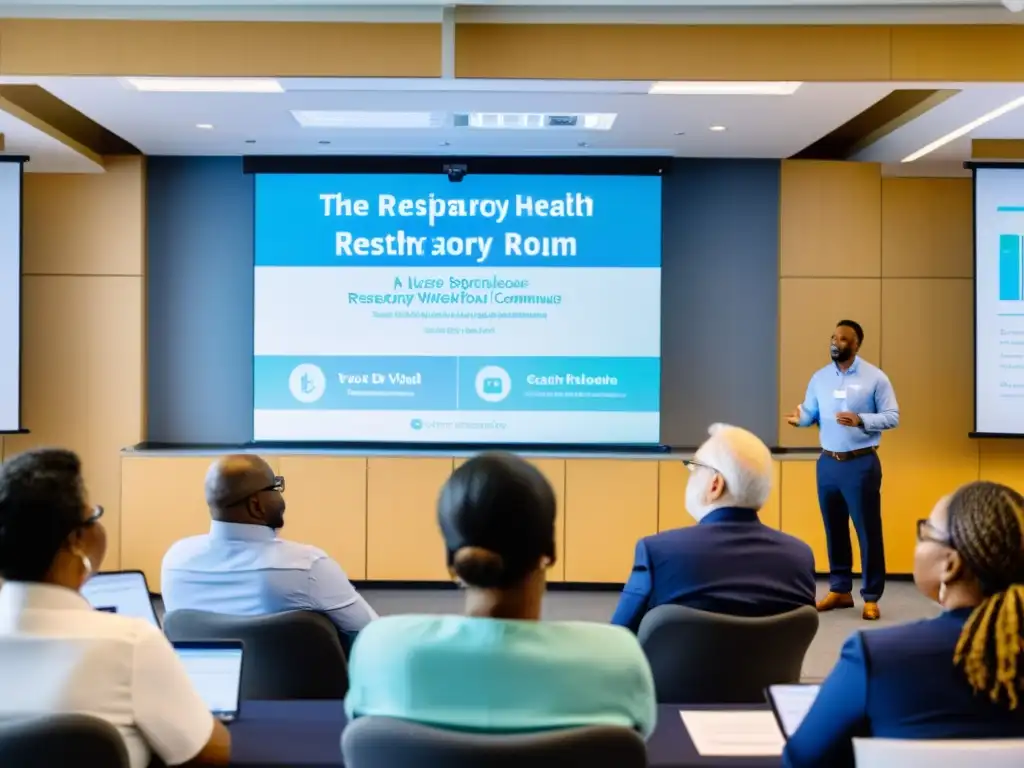 Un grupo diverso participa en un taller sobre salud respiratoria en un espacio luminoso