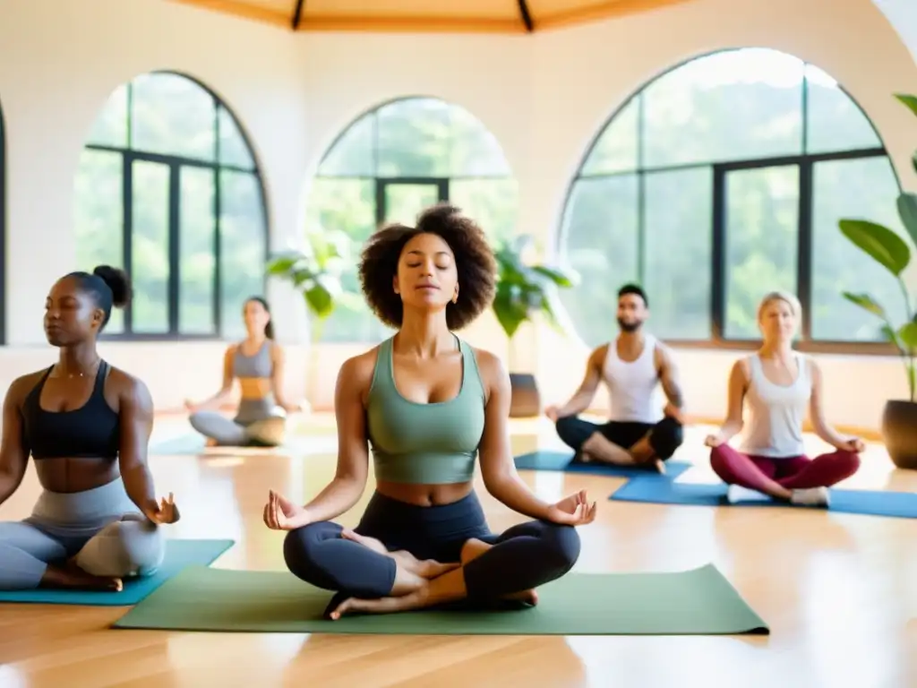 Un grupo diverso practica técnicas de respiración en un estudio de yoga, creando un ambiente sereno y de comunidad