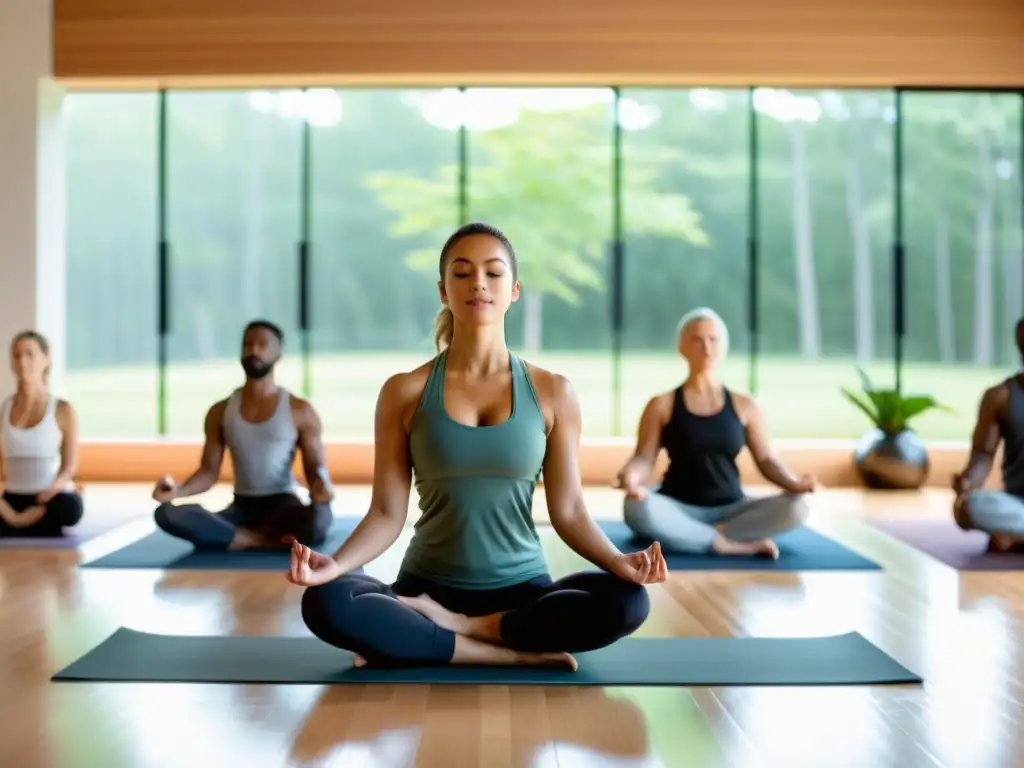 Grupo diverso practicando técnicas de respiración para yoga en un estudio sereno con mucha luz natural y decoración minimalista