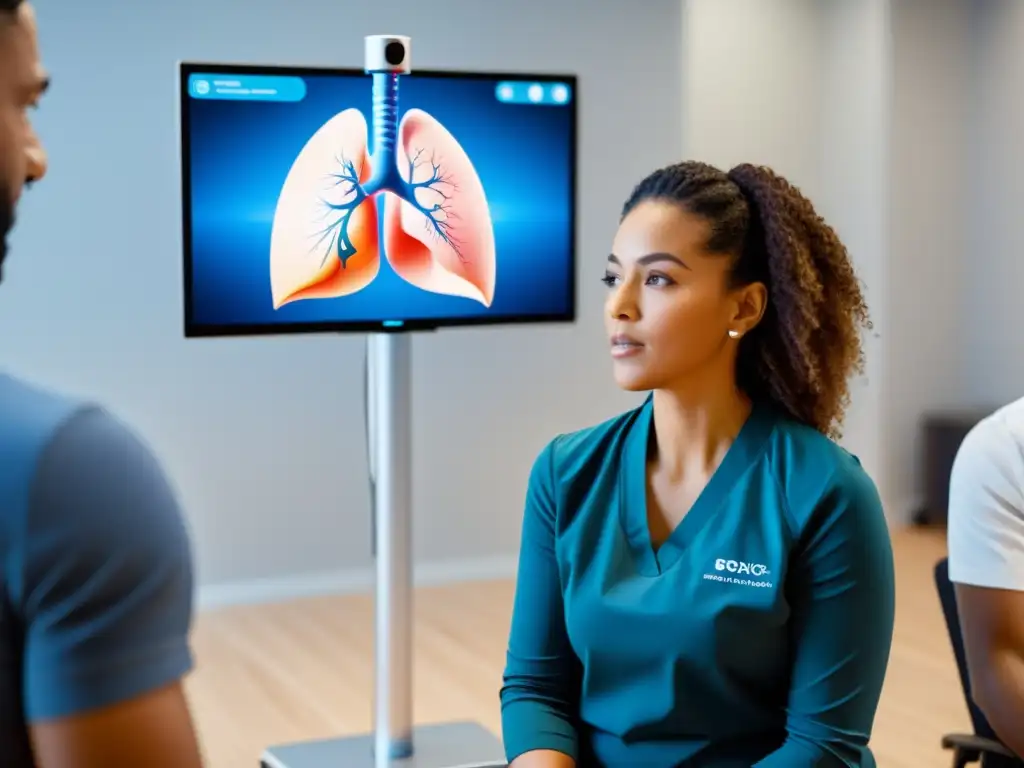 Grupo diverso participa en sesión virtual de técnicas de respiración para EPOC, guiados por instructor profesional y usando tecnología moderna