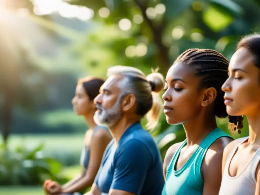 Grupo diverso practicando yoga al aire libre rodeado de naturaleza, fomentando la prevención del asma en adultos y niños