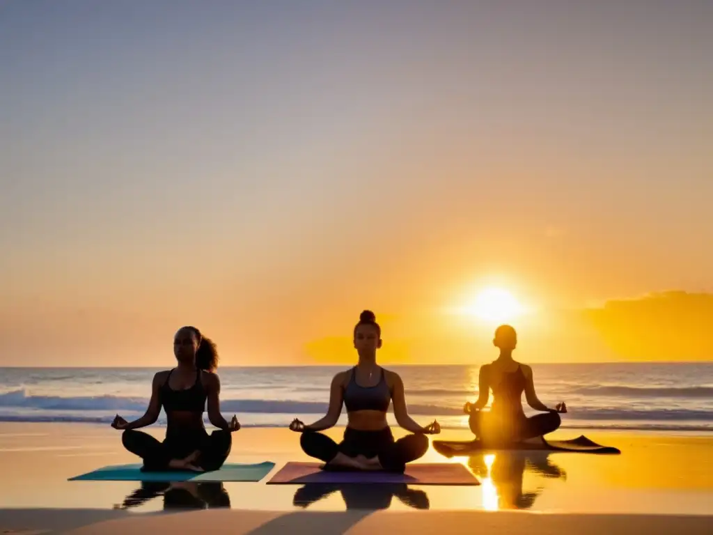 Grupo diverso practicando yoga al amanecer en la playa, transmitiendo paz y fuerza interior