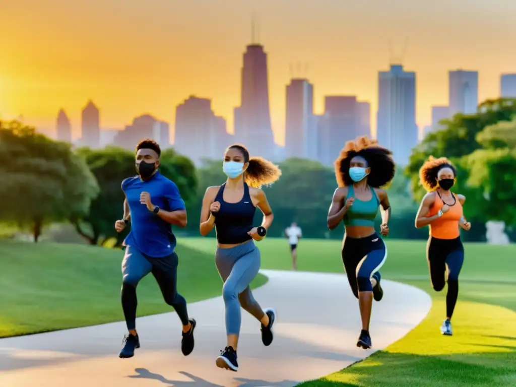 Grupo haciendo ejercicio al aire libre al atardecer en un parque de la ciudad, protegiendo sus pulmones