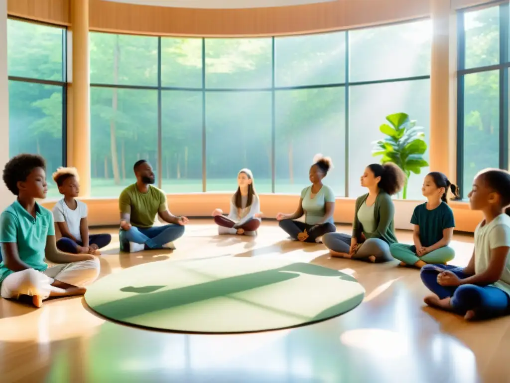 Práctica de respiración para niños y adultos: calma y enfoque Grupo practicando ejercicios de respiración para controlar TDAH en niños en aula serena con luz natural y decoración calmante