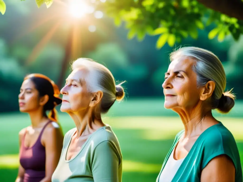 Grupo practicando ejercicios de respiración en el parque para mejorar salud pulmonar y longevidad