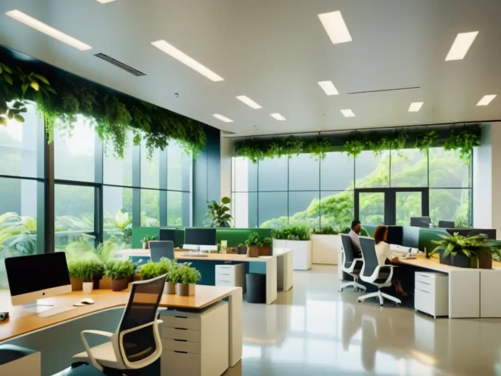 Grupo de empleados en oficina moderna, iluminada con luz natural y rodeada de plantas verdes