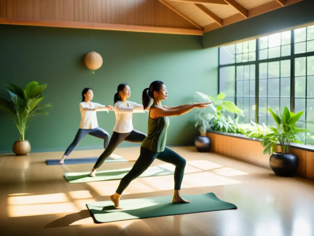 Grupo practicando Qi Gong ejercicios respiración energía vital en estudio luminoso con plantas verdes