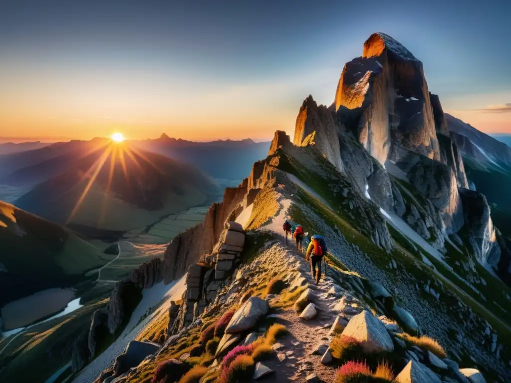 Grupo de escaladores alcanza la cima al atardecer en una montaña majestuosa