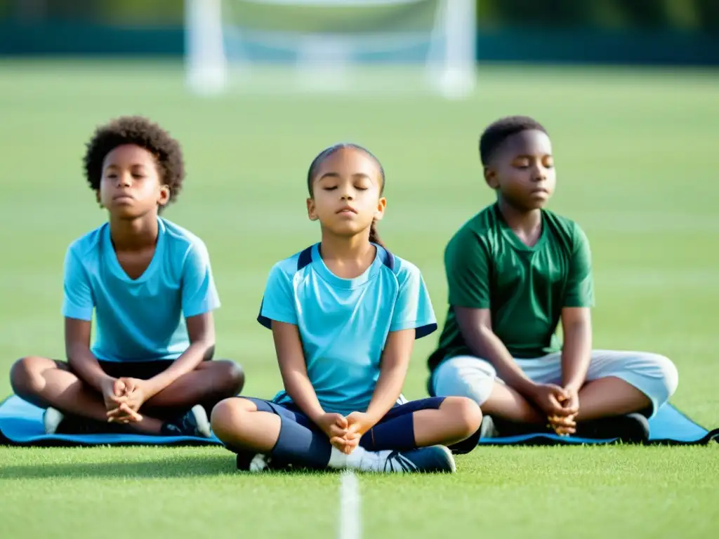 Grupo escolar en círculo practicando respiración, en campo deportivo