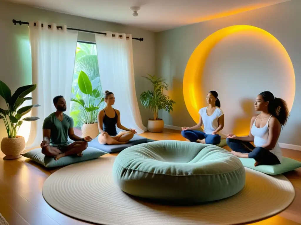 Grupo meditando en un espacio tranquilo con decoración relajante