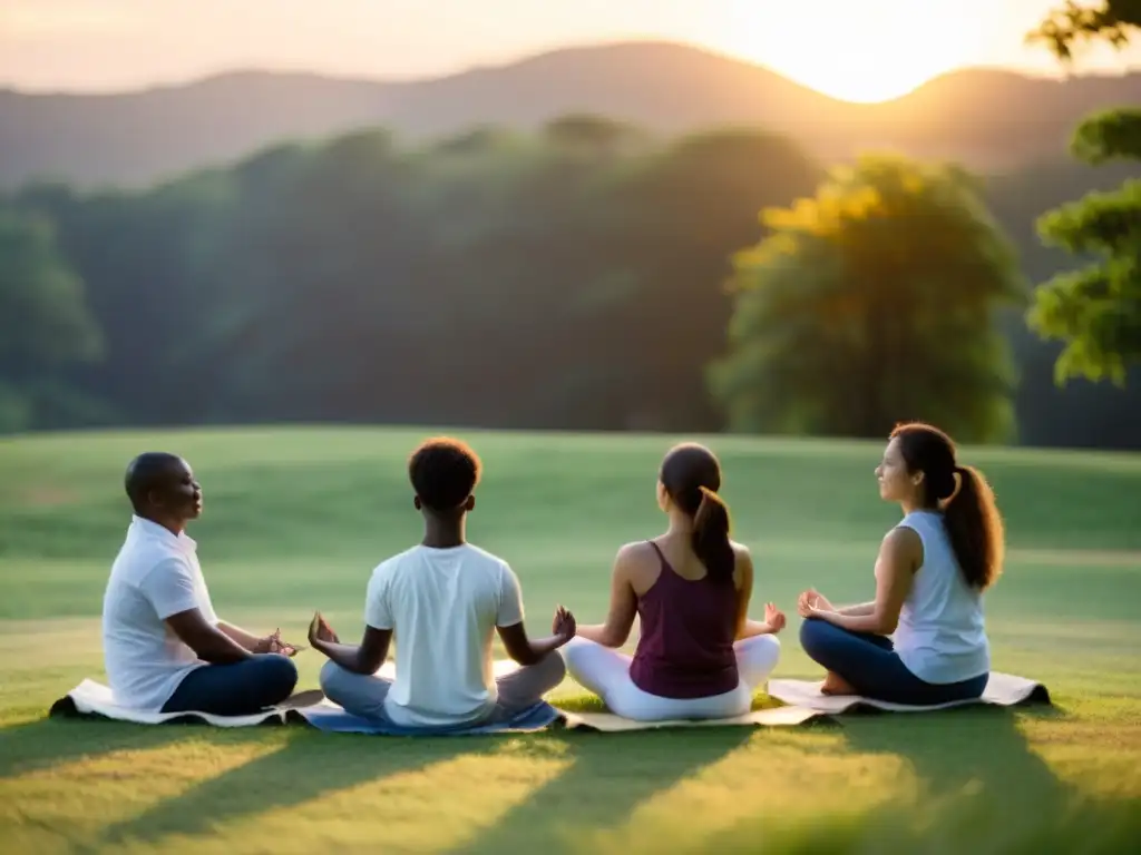 Un grupo de estudiantes diversos practica ejercicios de respiración en el currículo, en un campo soleado al atardecer