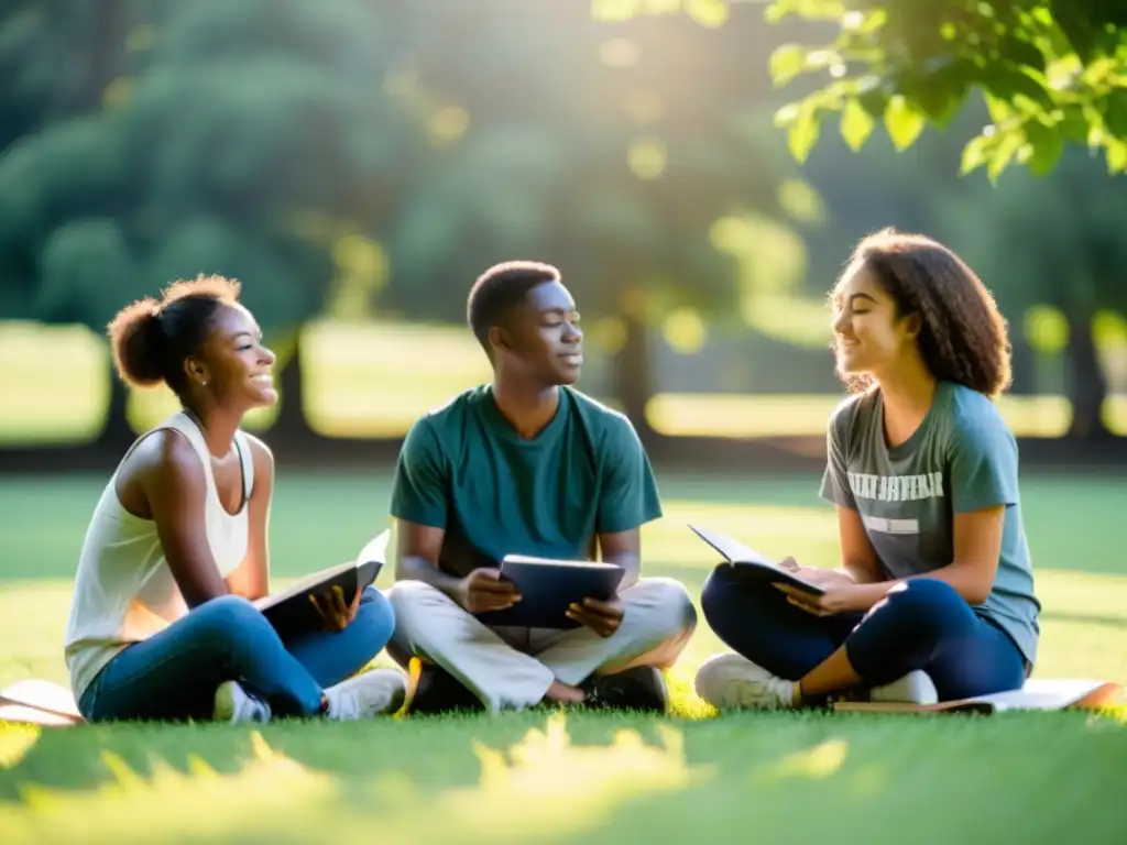 Grupo de estudiantes de secundaria practicando respiración consciente en un campo soleado, rodeados de árboles