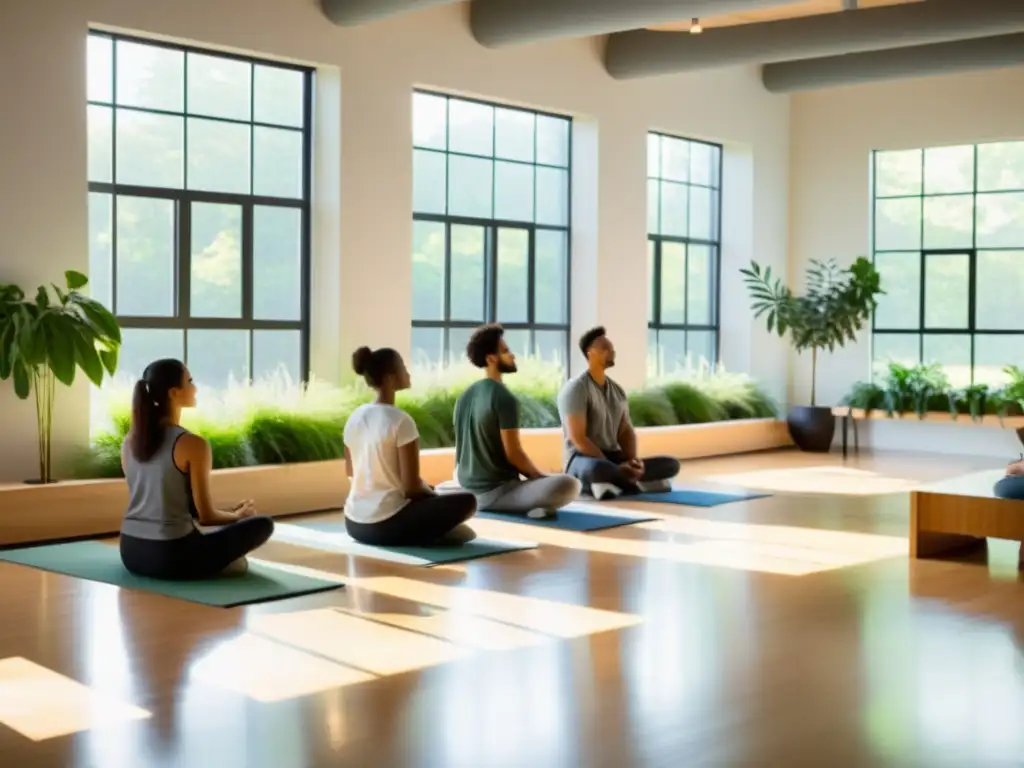 Grupo de estudiantes practicando técnicas de respiración en aula tranquila y moderna