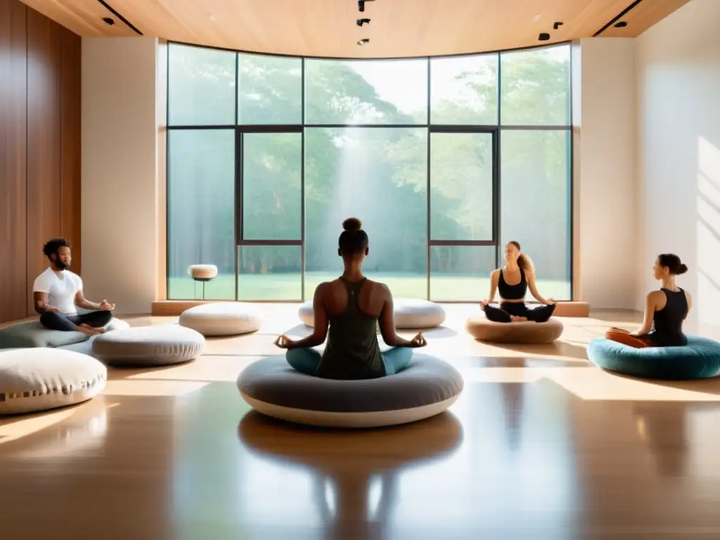 Grupo meditando en estudio wellness, enfoque en la importancia de la respiración consciente en marketing