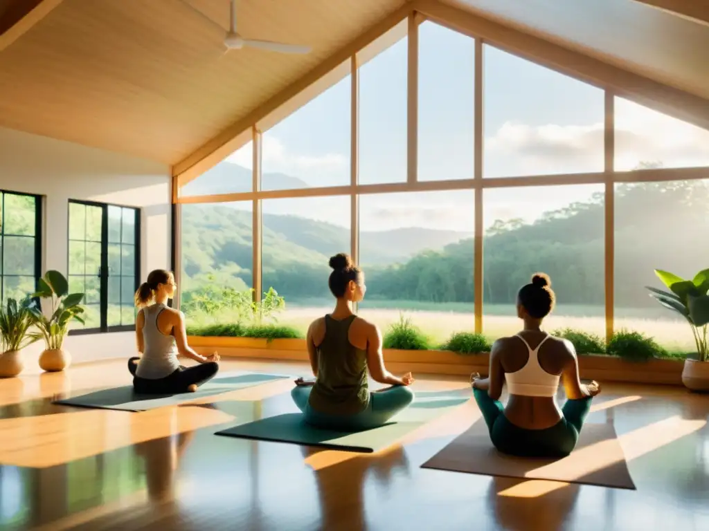 Grupo practicando respiración en un estudio de yoga, con luz natural y paisaje verde