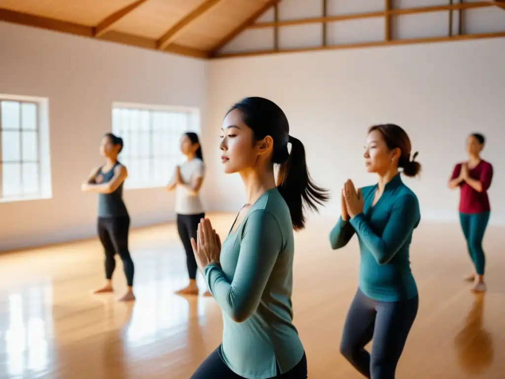 Grupo en estudio moderno practicando Qigong, reflejando calma y concentración, con beneficios de respiración consciente Qigong