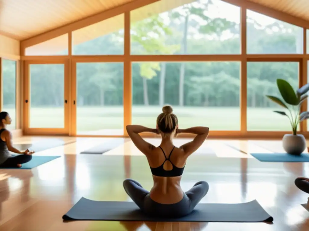 Grupo en estudio de yoga practicando mejores asanas yoga para respiración, en entorno natural sereno con luz suave