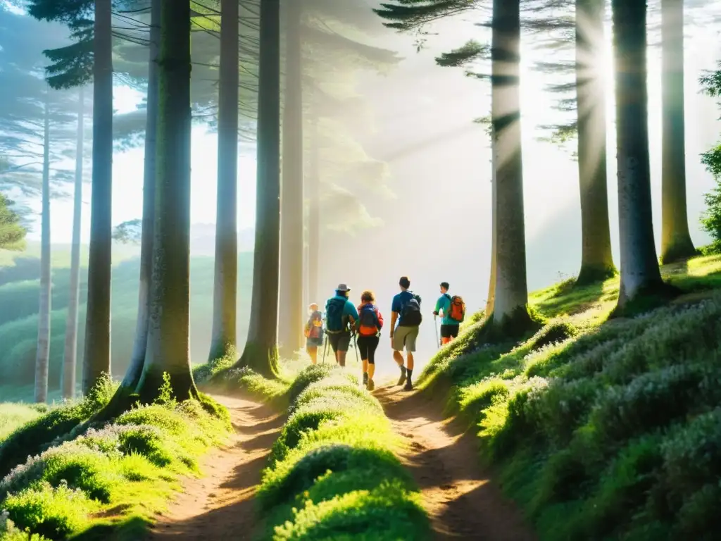 Grupo de excursionistas respirando aire puro en el Camino de Santiago, rodeados de exuberante naturaleza