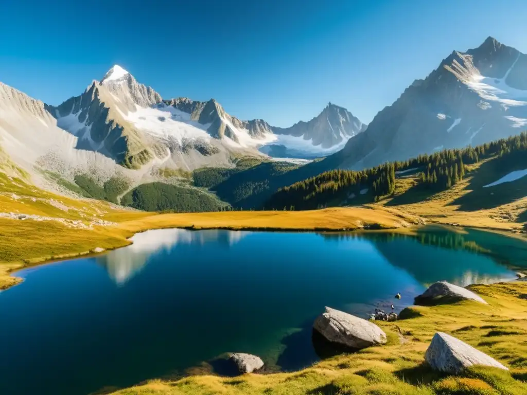 Grupo de excursionistas adaptándose a la altitud en un impresionante paisaje de montaña nevada y lago alpino, respirando profundo