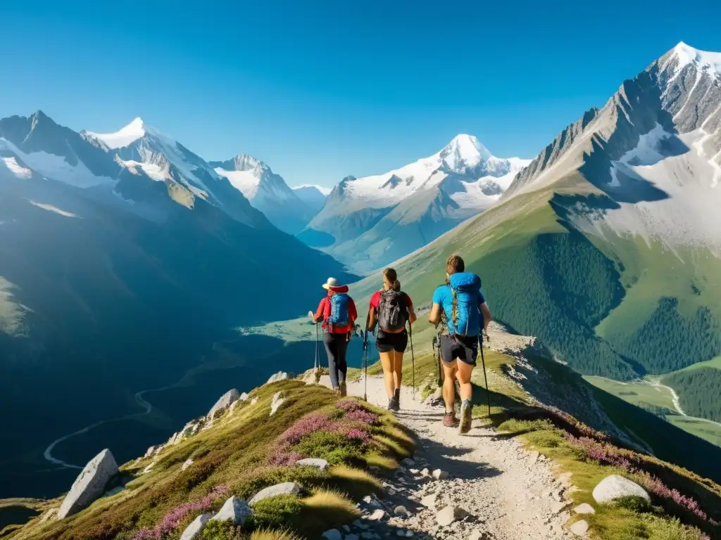 Un grupo de excursionistas se adaptan a la altitud, respirando profundo mientras recorren una senda montañosa