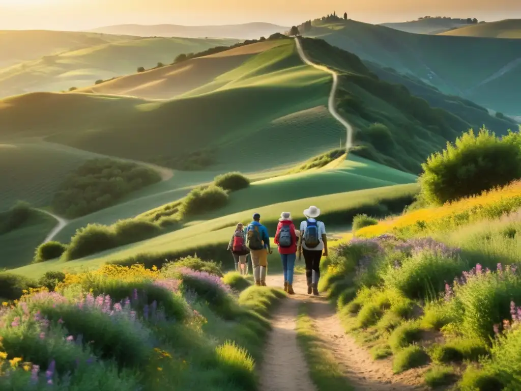 Grupo de excursionistas disfrutando de la belleza del Camino de Santiago al atardecer, en armonía con la naturaleza