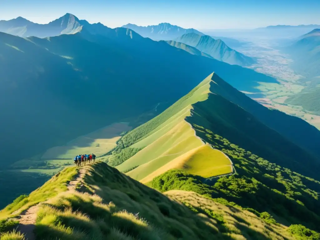 Un grupo de excursionistas en la cima de una montaña disfrutando del paisaje exuberante del Camino de Santiago