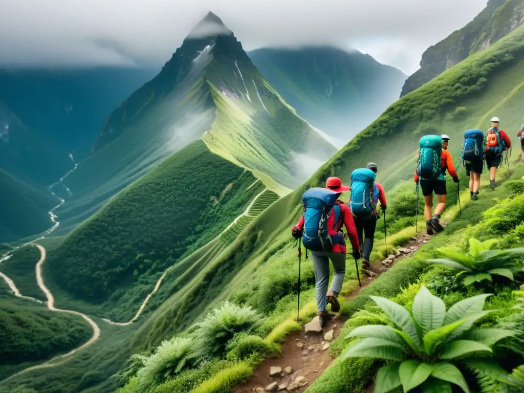 Grupo de excursionistas subiendo una empinada montaña, rodeados de exuberante vegetación y picos cubiertos de niebla