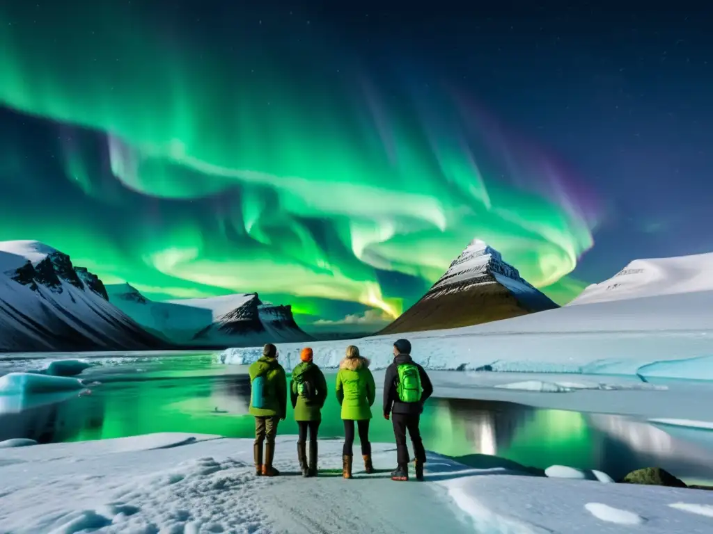 Un grupo de excursionistas frente a un impresionante glaciar islandés, con la aurora boreal en el cielo