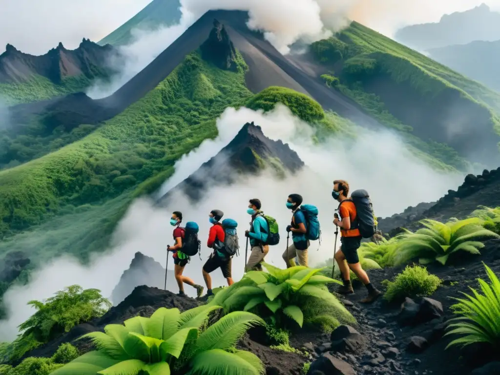 Un grupo de excursionistas con máscaras respiratorias exploran un paisaje volcánico exuberante