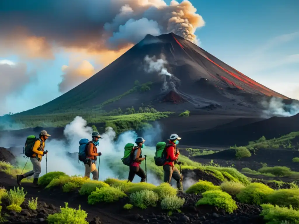 Un grupo de excursionistas con máscaras respiratorias especializadas recorriendo un paisaje volcánico exuberante, con un volcán majestuoso al fondo