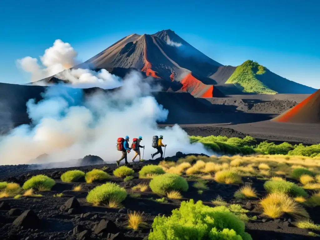 Grupo de excursionistas con respiradores explorando paisaje volcánico, respirando aire puro