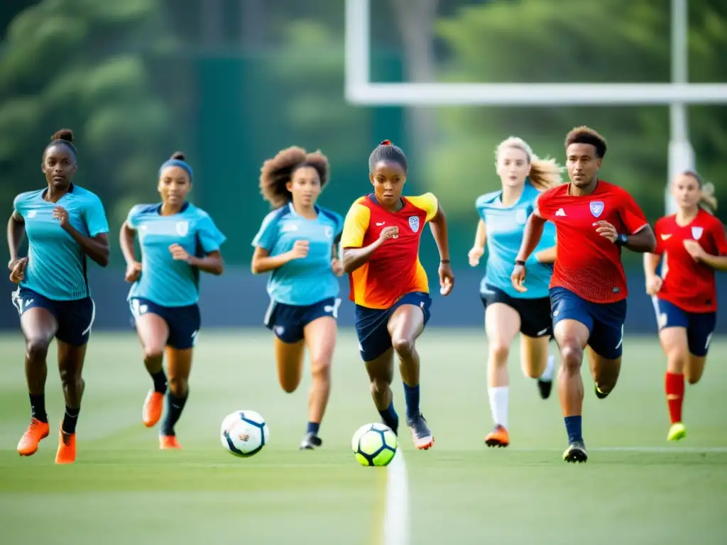 Grupo de futbolistas de élite en intenso entrenamiento, mostrando determinación y energía