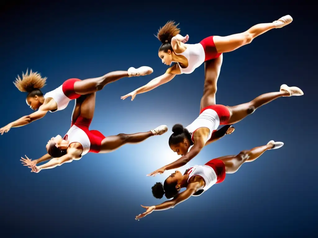 Grupo de gimnastas en pleno salto, mostrando concentración y fuerza en sus movimientos