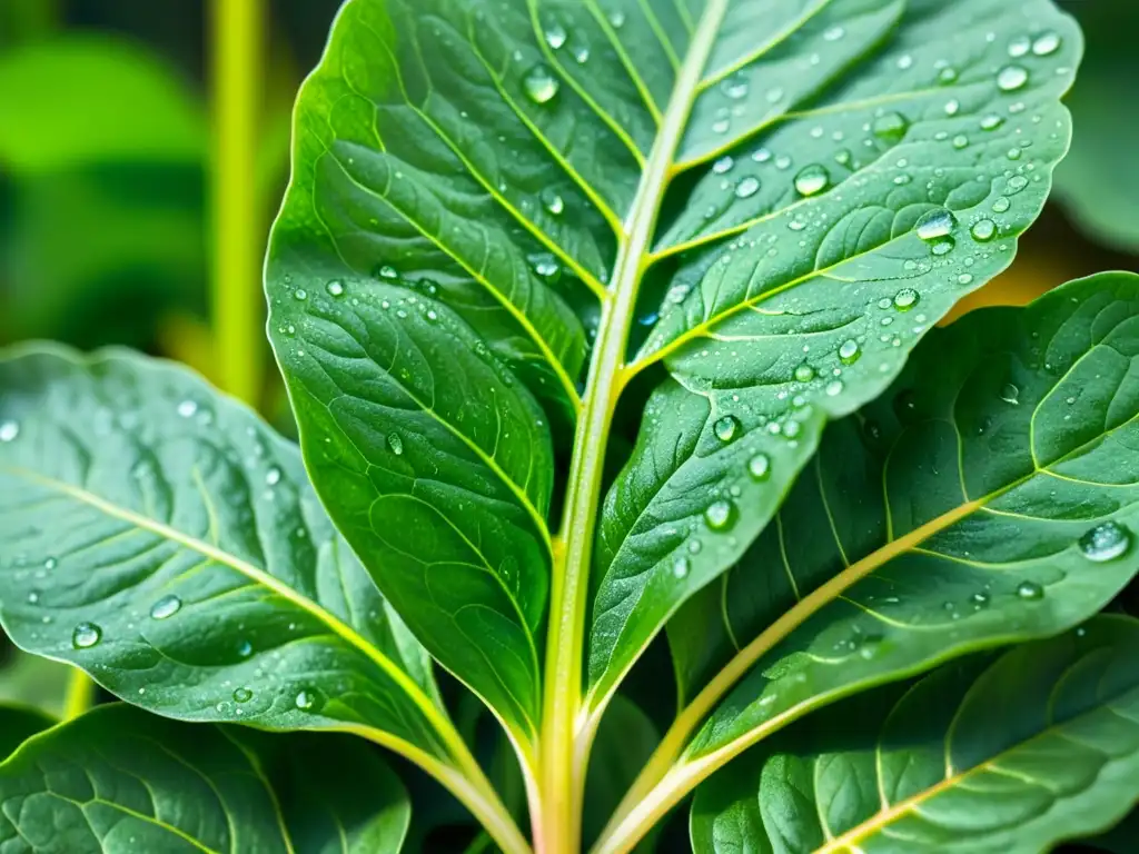 Un grupo de hojas de espinaca verde vibrante con gotas de rocío bajo la suave luz matutina