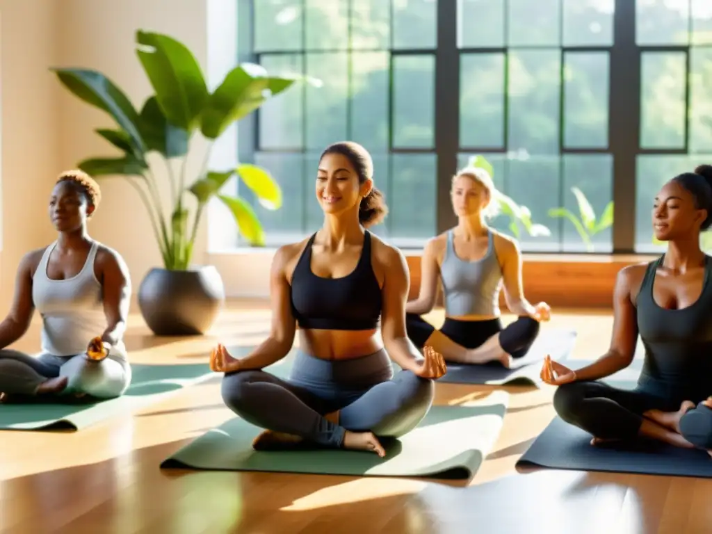 Grupo inclusivo practica técnica respiratoria en estudio soleado rodeado de vegetación