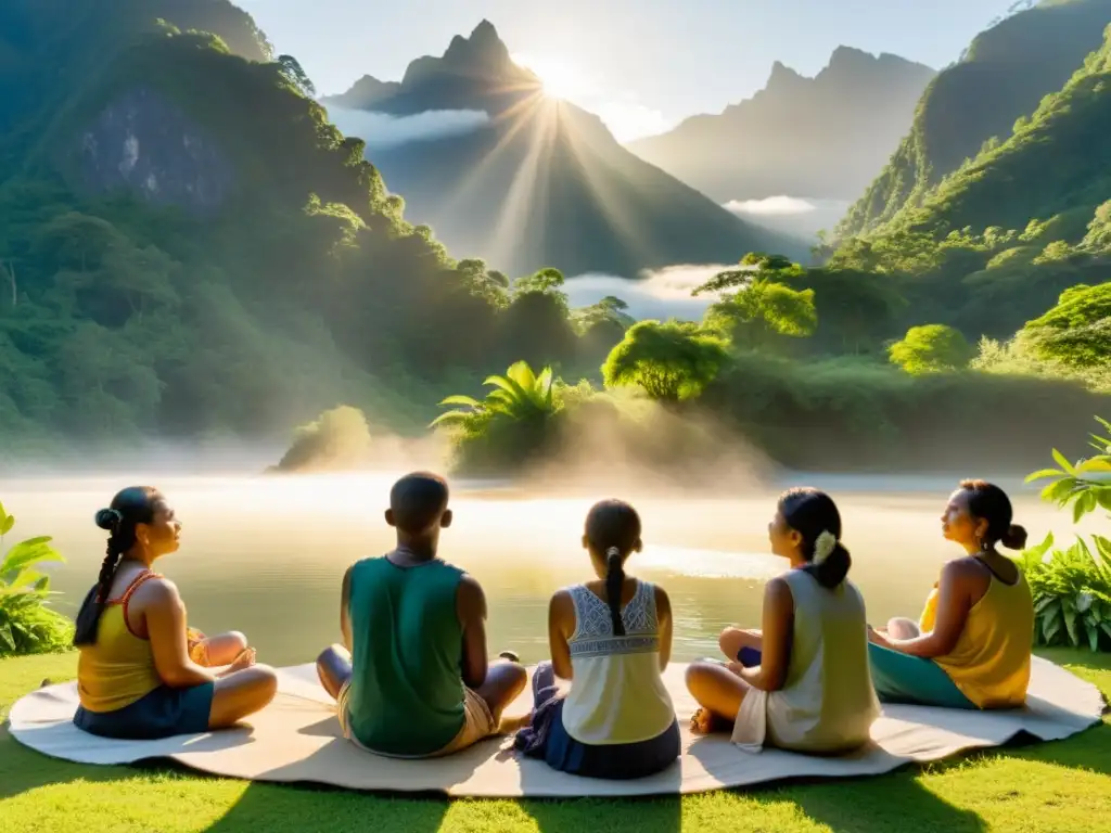 Grupo indígena practicando respiración saludable en la naturaleza, con vestimenta tradicional y montañas de fondo