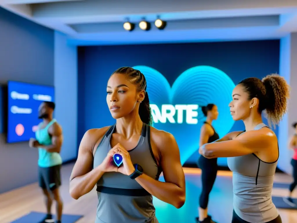 Grupo inmerso en ejercicio de coherencia cardíaca en moderno estudio fitness con entrenadores de coherencia cardiaca