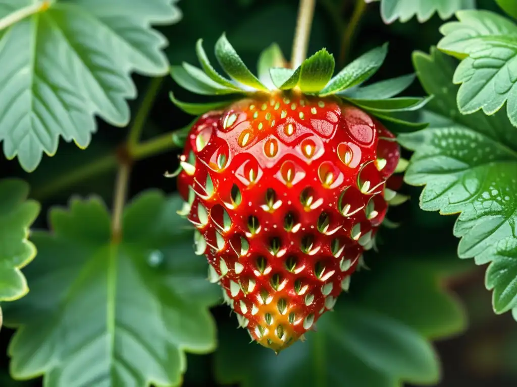 Un grupo de jugosas fresas rojas rodeadas de hojas verdes brillantes