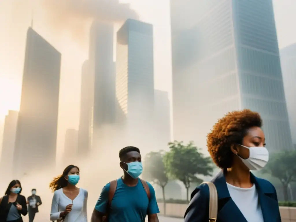 Grupo con máscaras en calle urbana brumosa, impacto cambio climático enfermedades respiratorias